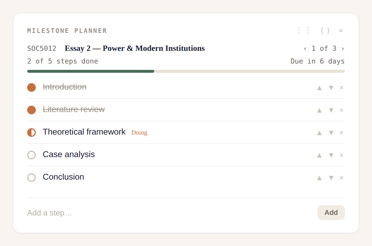SafeGrade Milestone planner card breaking a university essay into To do, Doing and Done steps