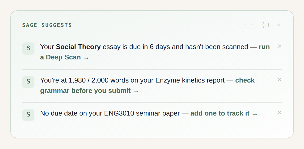 SafeGrade Sage suggests card surfacing the most useful next actions across a student's assignments